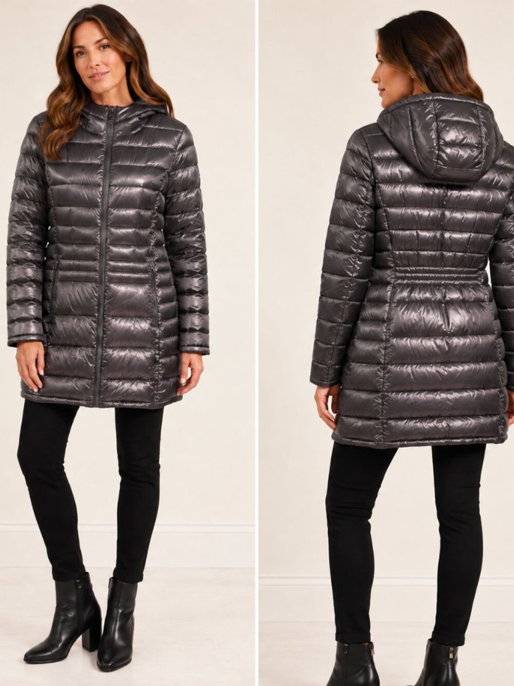 Calvin Klein Packable Premium Down Puffer Coat Women L Silver Gray Hooded